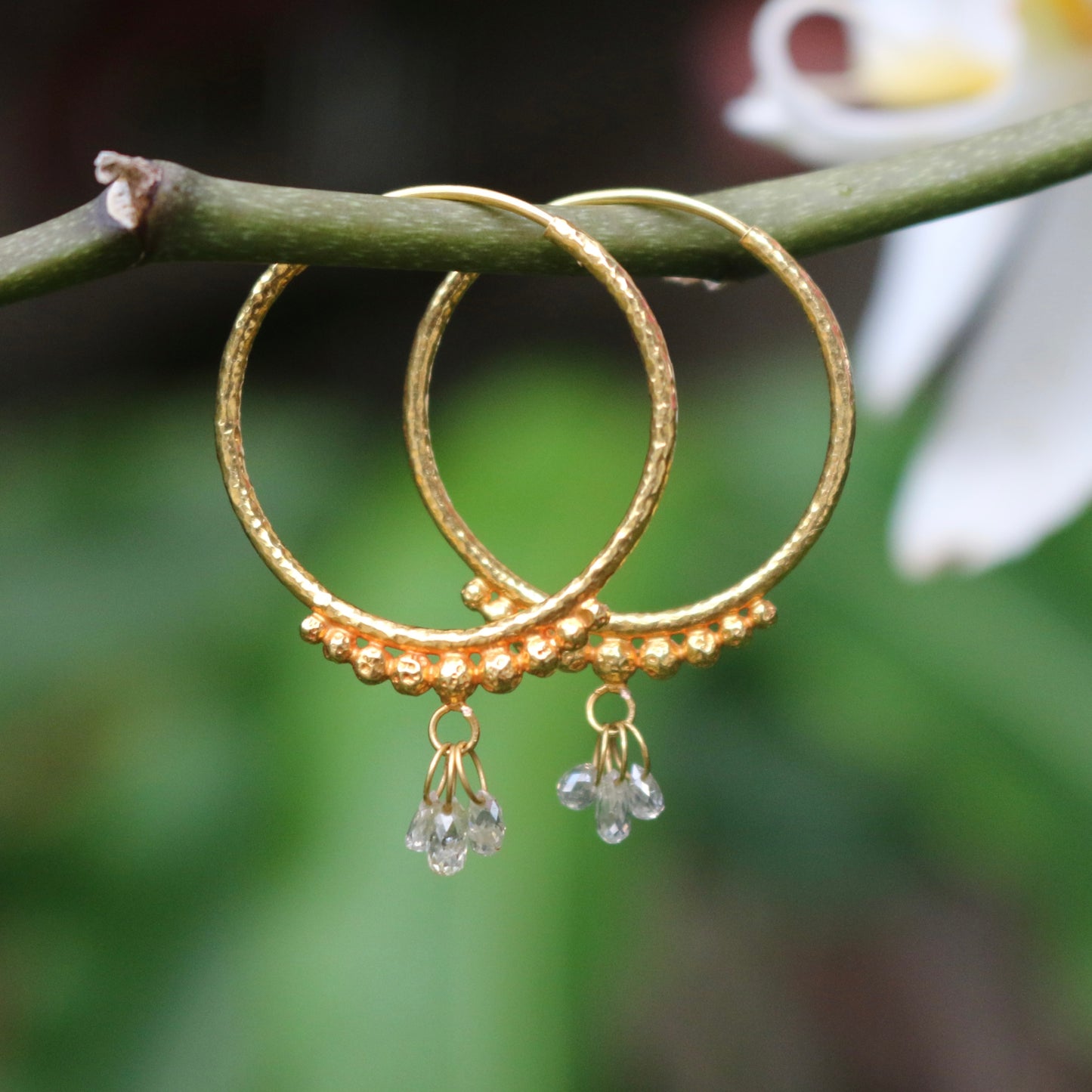 Hand-Hammered Golden Droplet Hoops with Light Diamonds