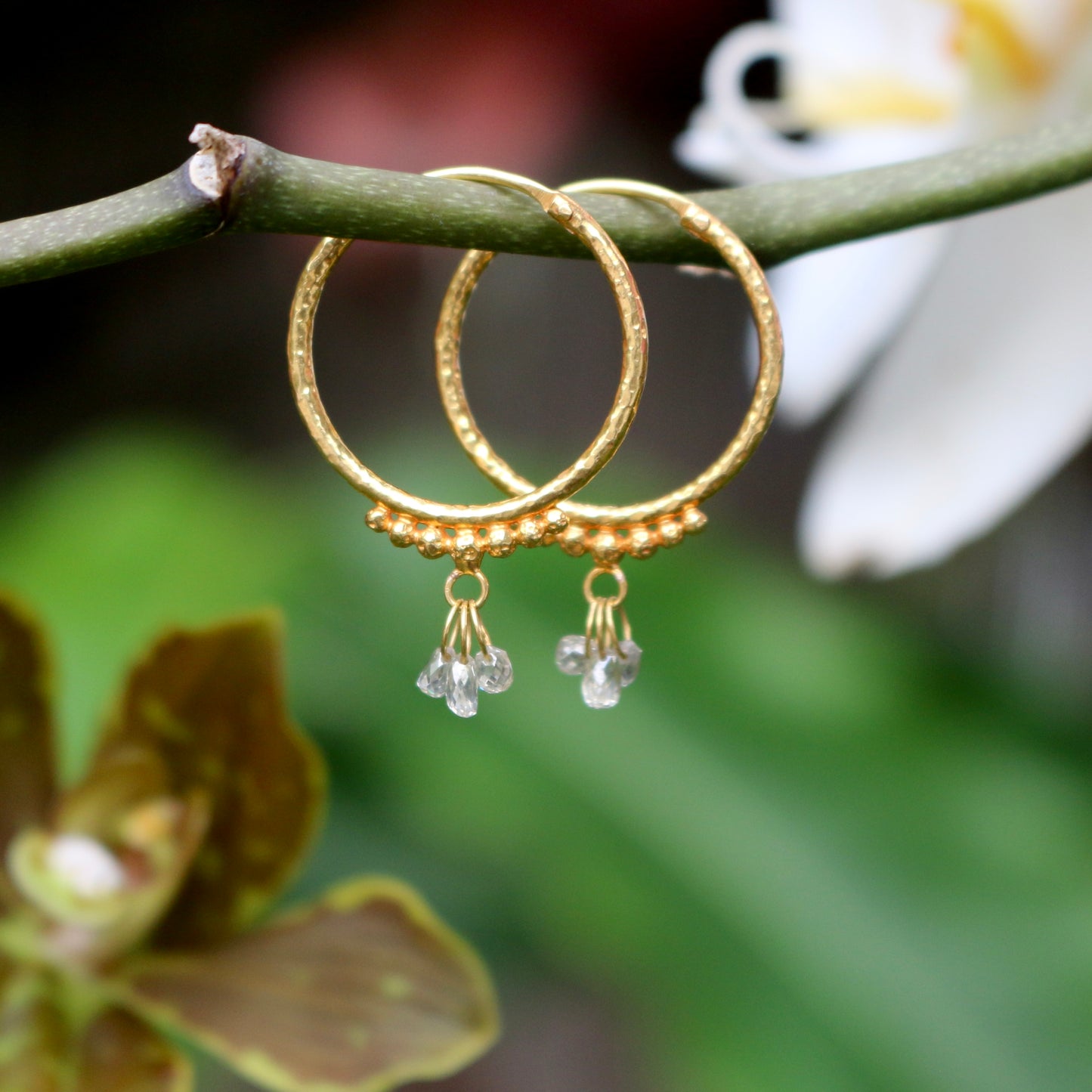 Hand-Hammered Golden Droplet Hoops with Light Diamonds