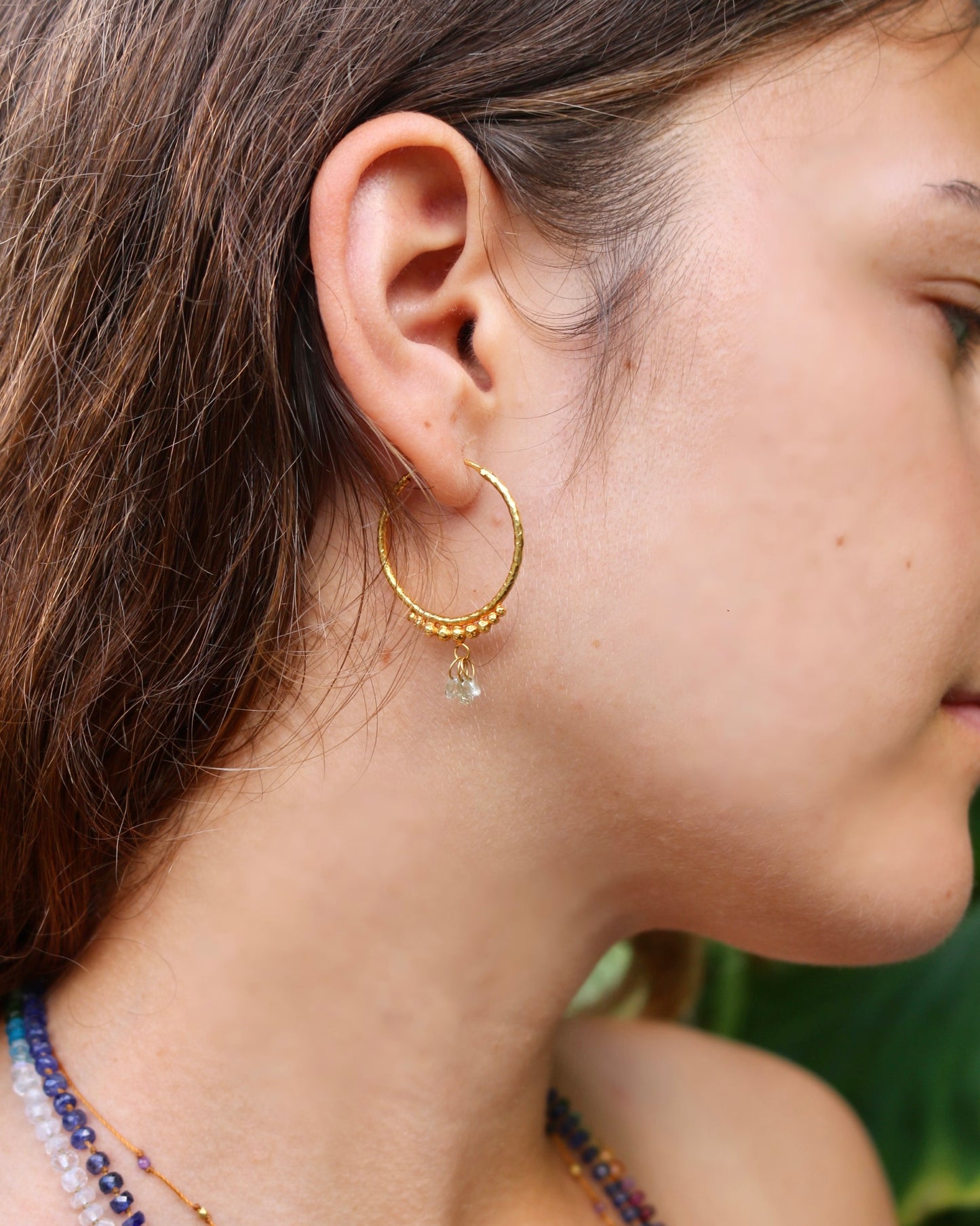 Hand-Hammered Golden Droplet Hoops with Light Diamonds