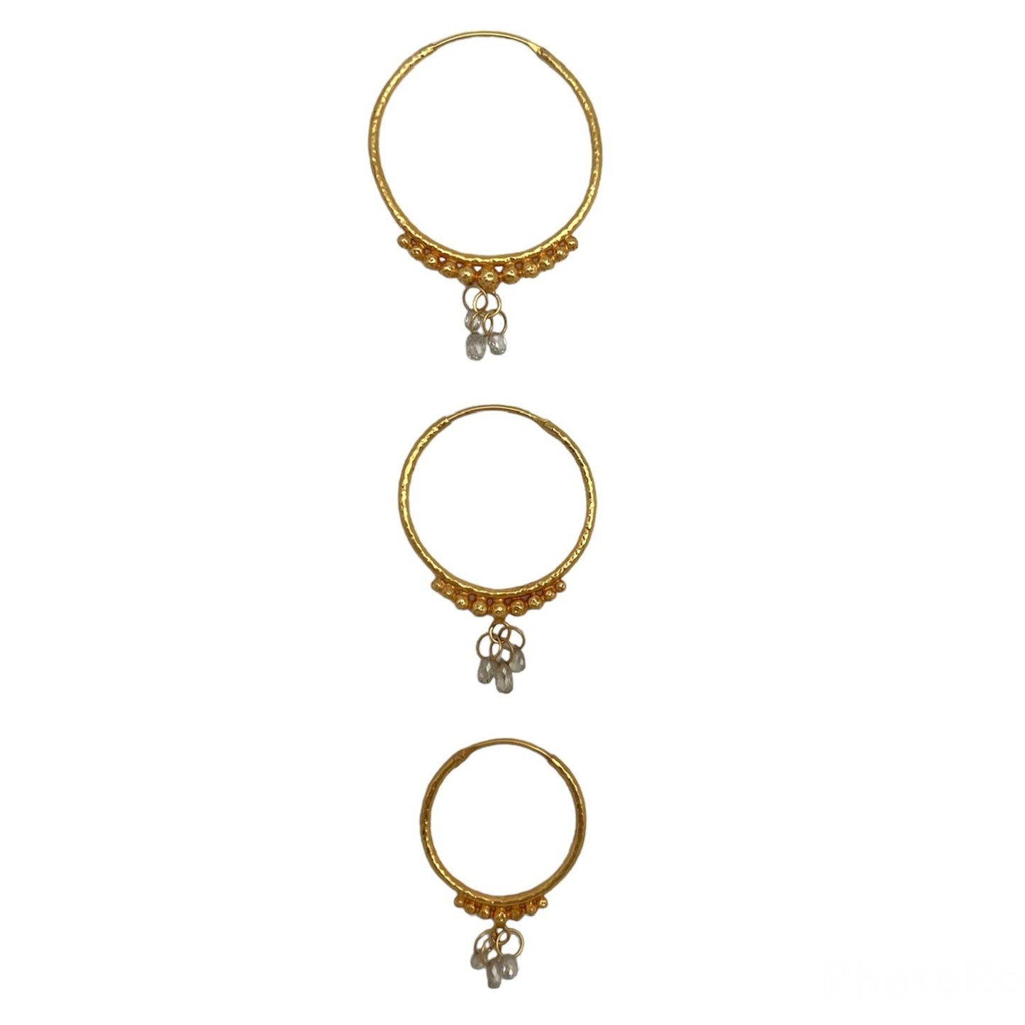 Hand-Hammered Golden Droplet Hoops with Light Diamonds