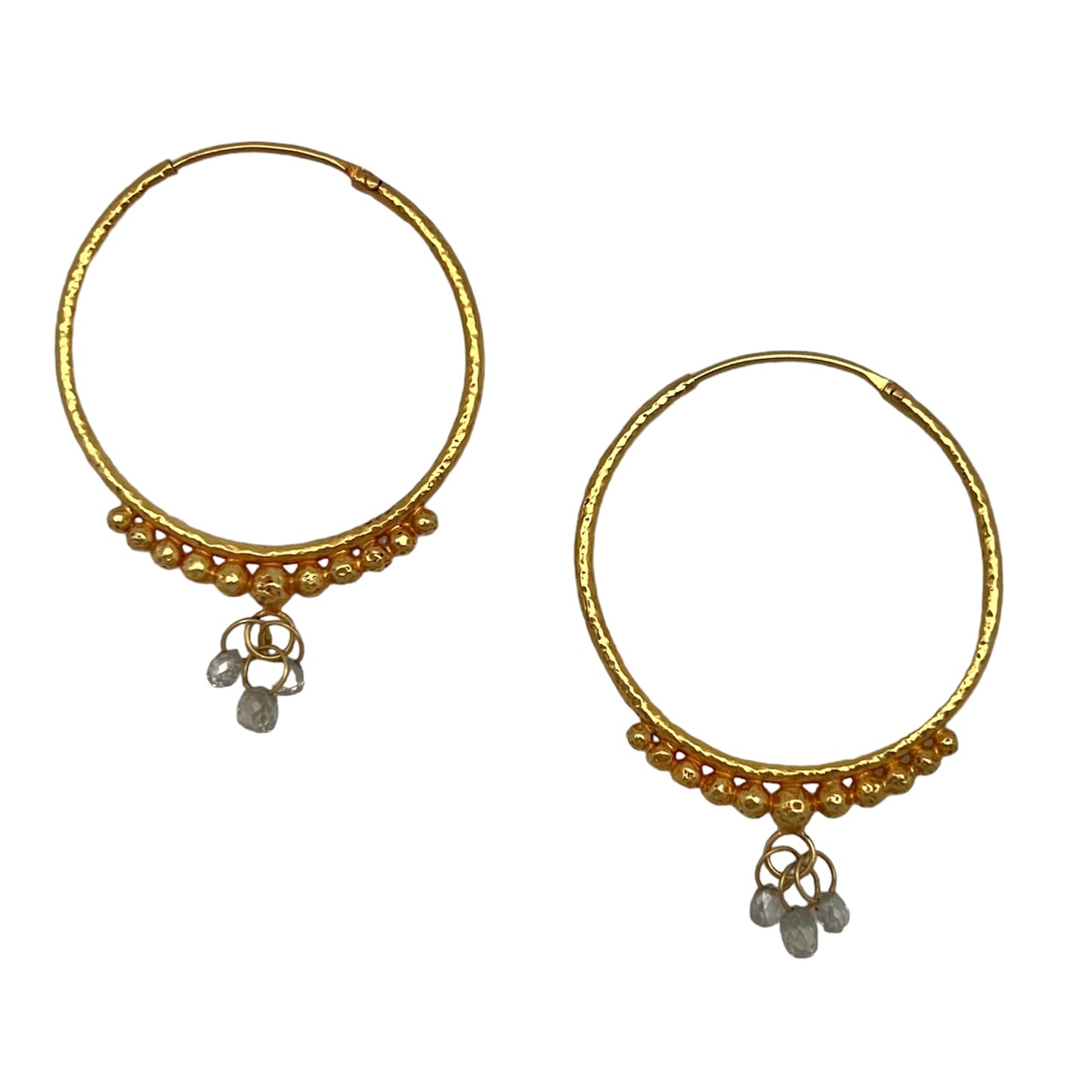 Hand-Hammered Golden Droplet Hoops with Light Diamonds