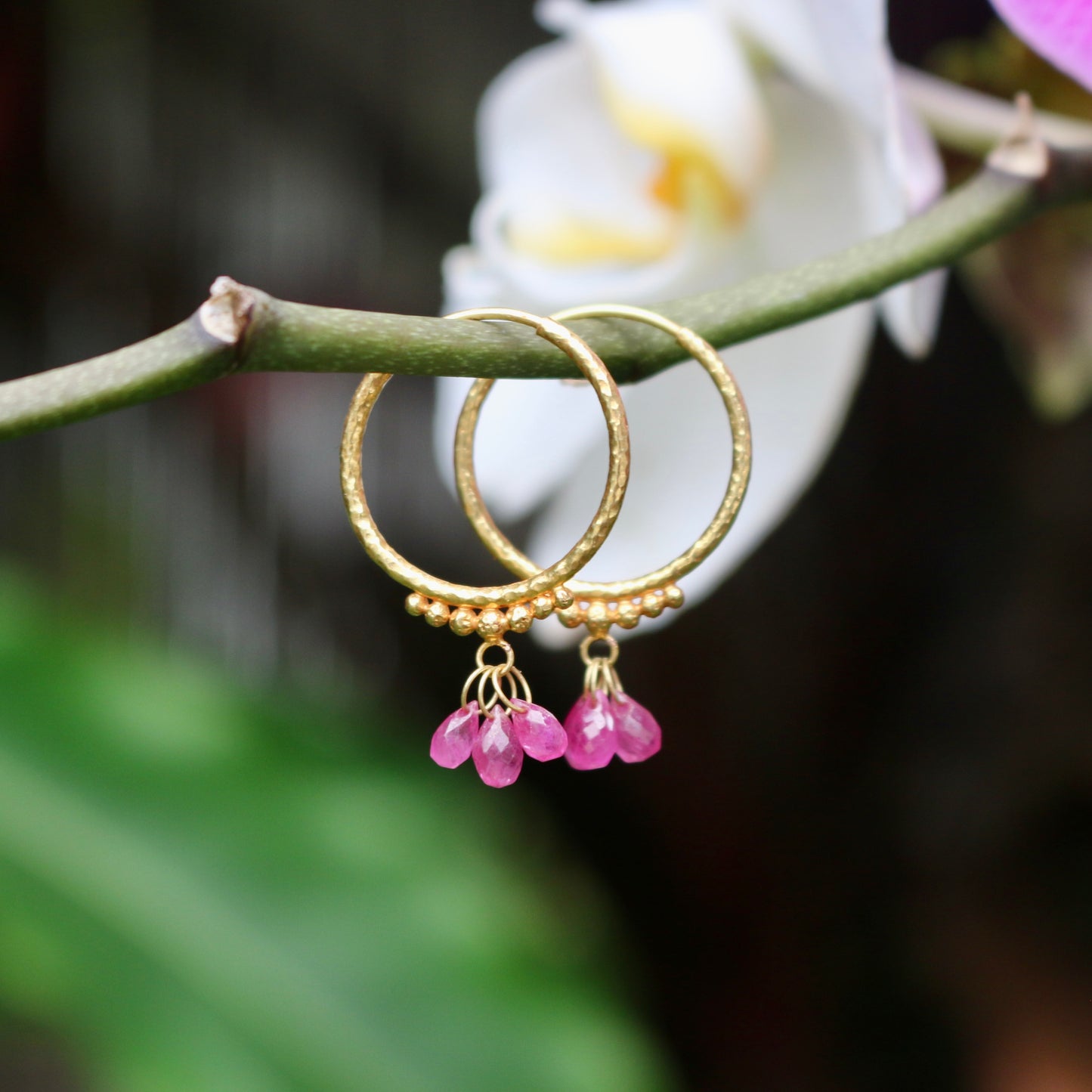 Hand-Hammered Golden Droplet Hoops with Rubies