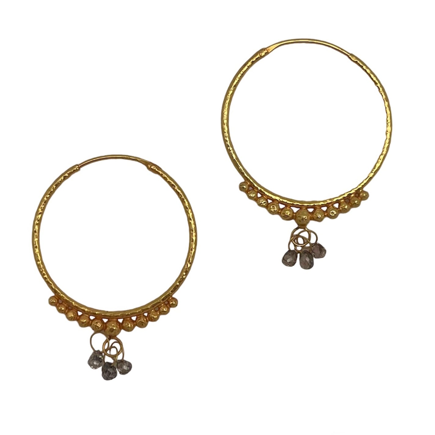 Hand-Hammered Golden Droplet Hoops with Dark Diamonds