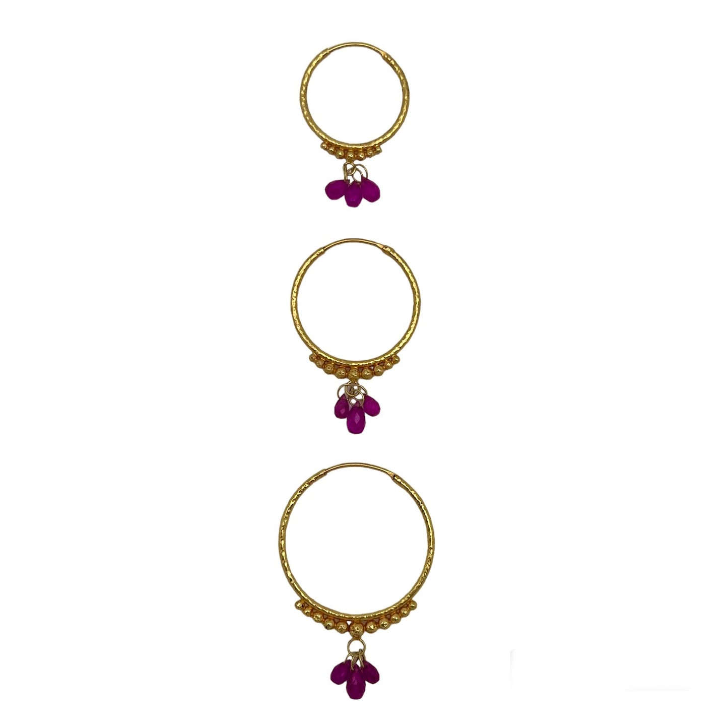 Hand-Hammered Golden Droplet Hoops with Rubies