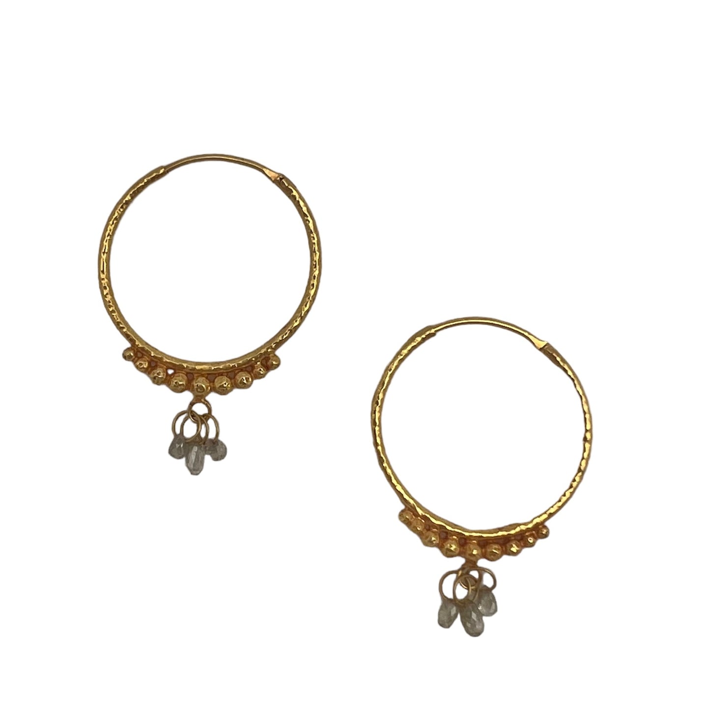 Hand-Hammered Golden Droplet Hoops with Light Diamonds