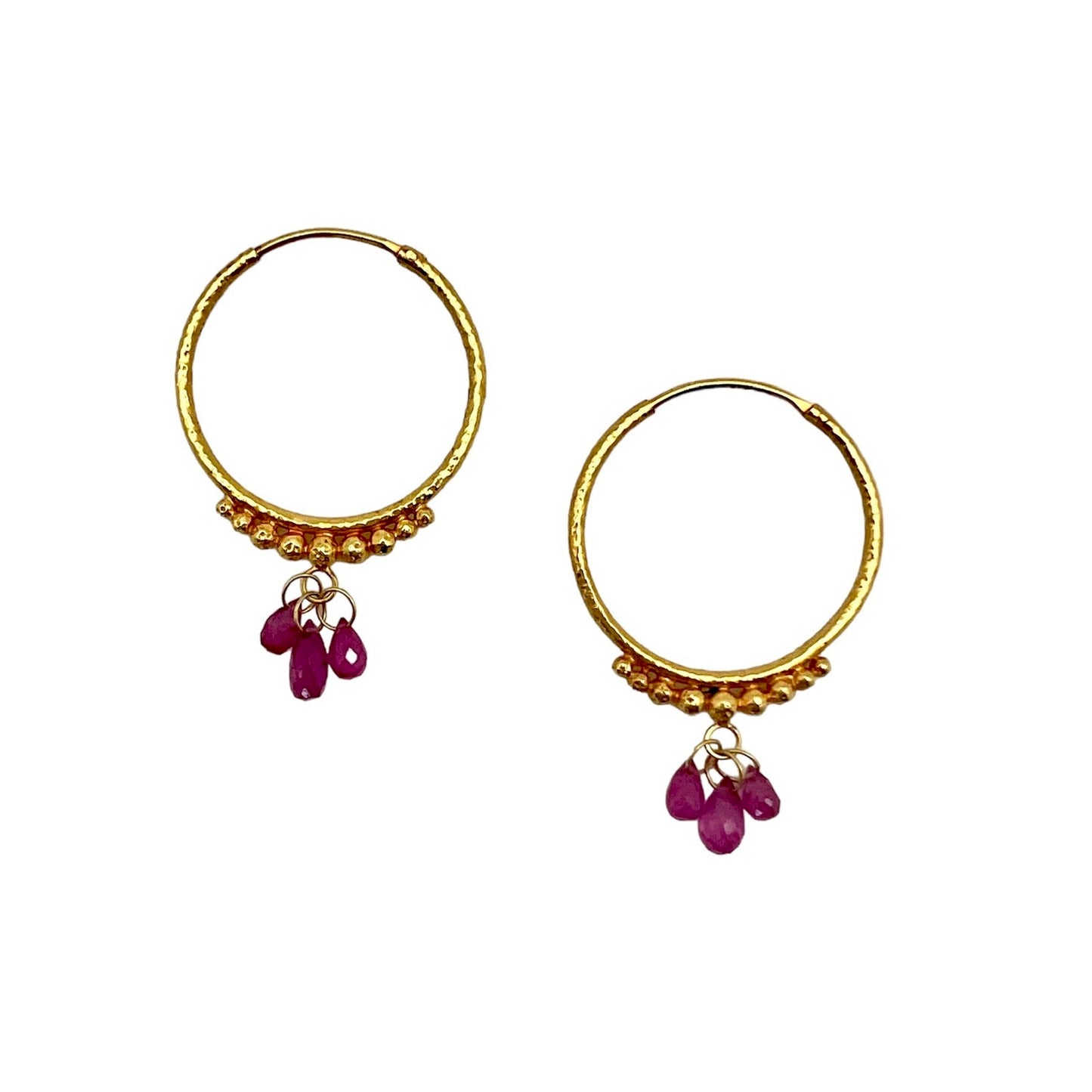 Hand-Hammered Golden Droplet Hoops with Rubies