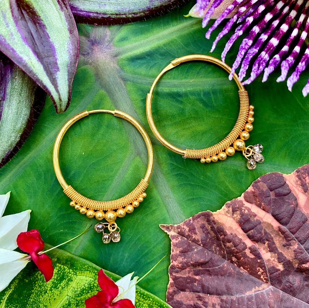 Golden Droplet Hoops with Natural Diamonds