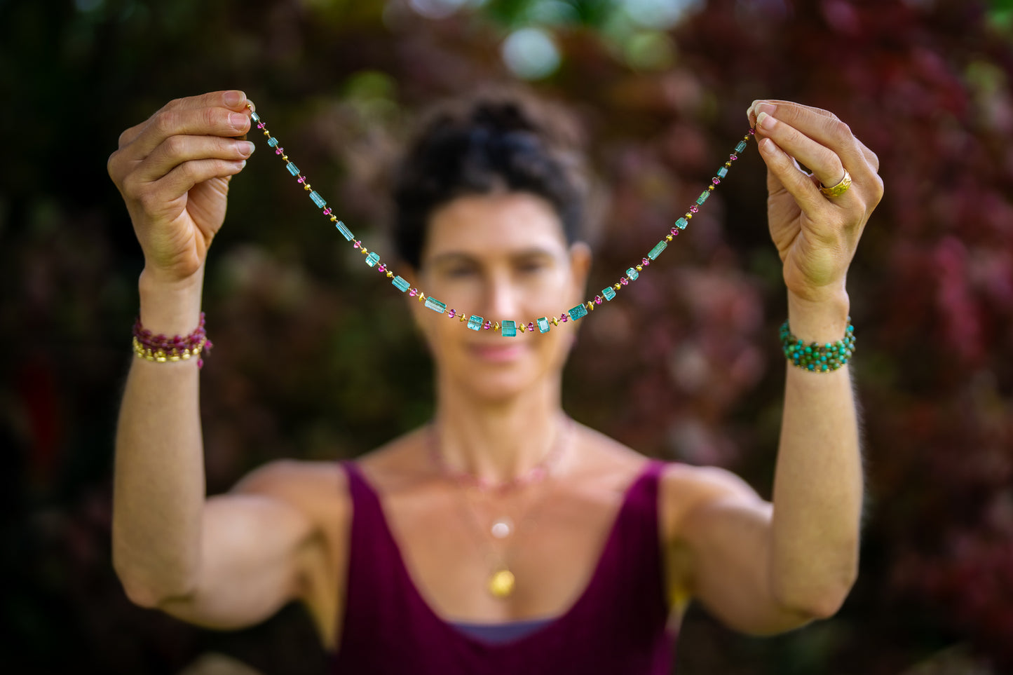 Blue Green Tourmaline Cylinders with Pink Tourmaline & Gold Beads