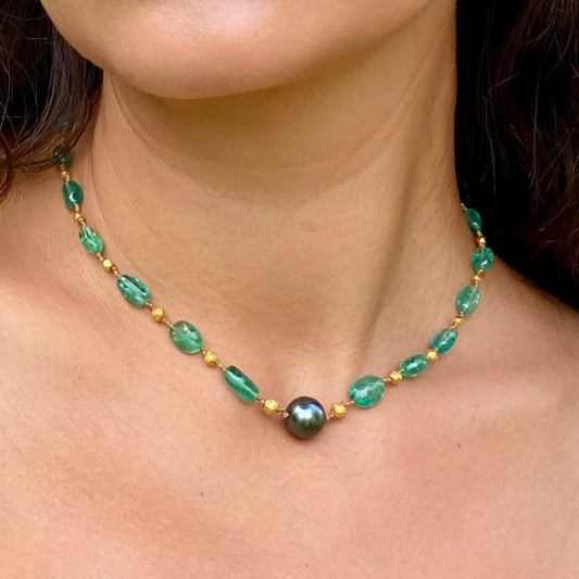 Zambian Emerald Choker with Tahitian Pearl & Gold