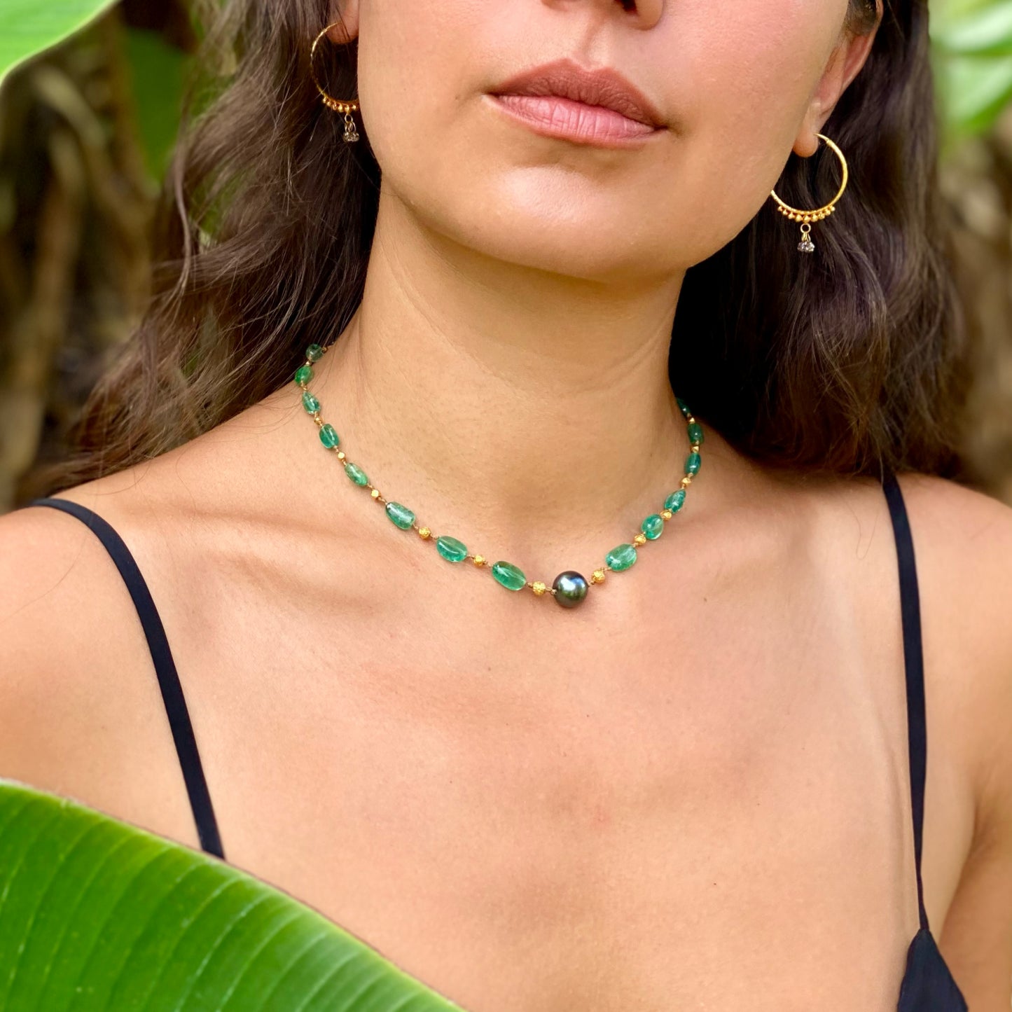 Zambian Emerald Choker with Tahitian Pearl & Gold
