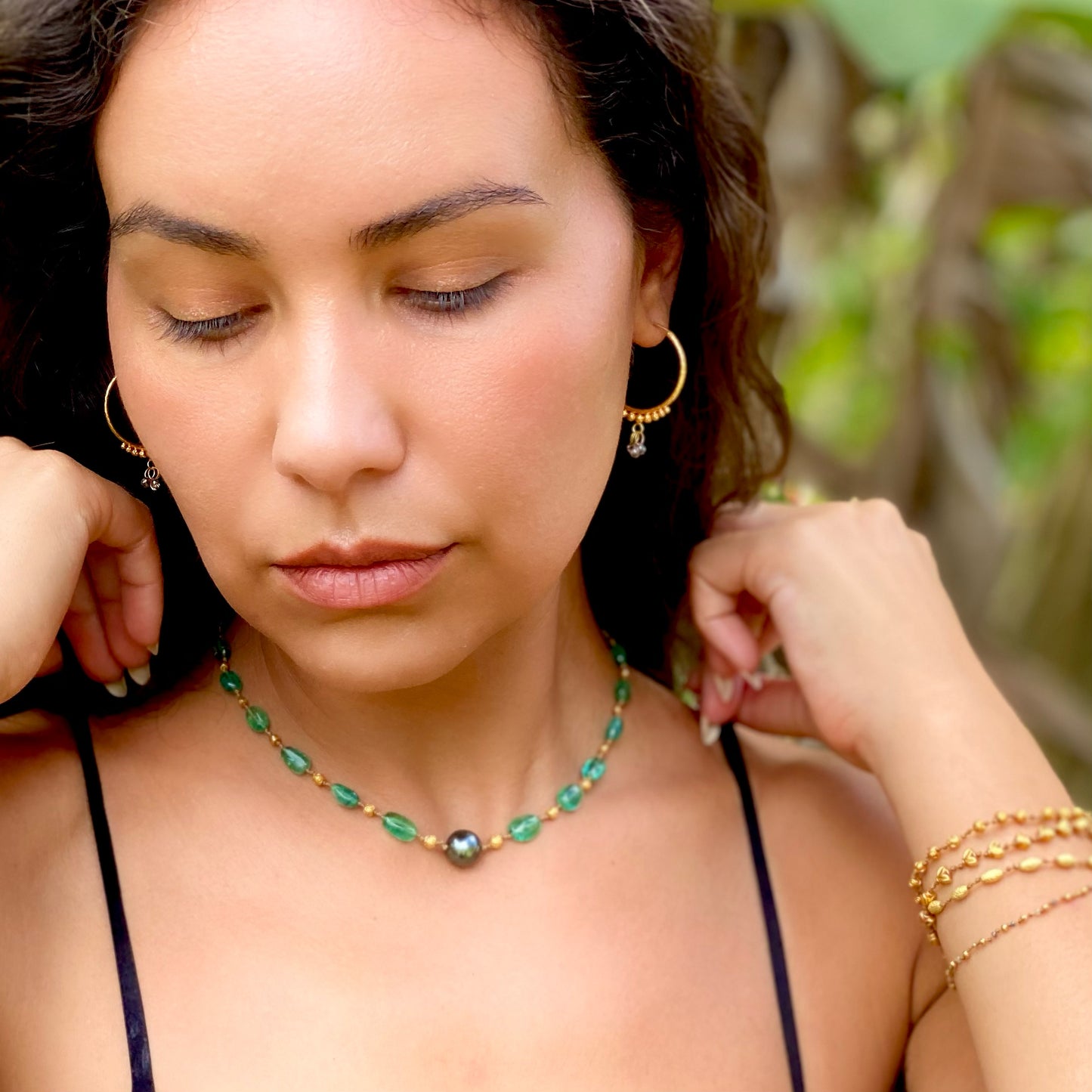 Zambian Emerald Choker with Tahitian Pearl & Gold