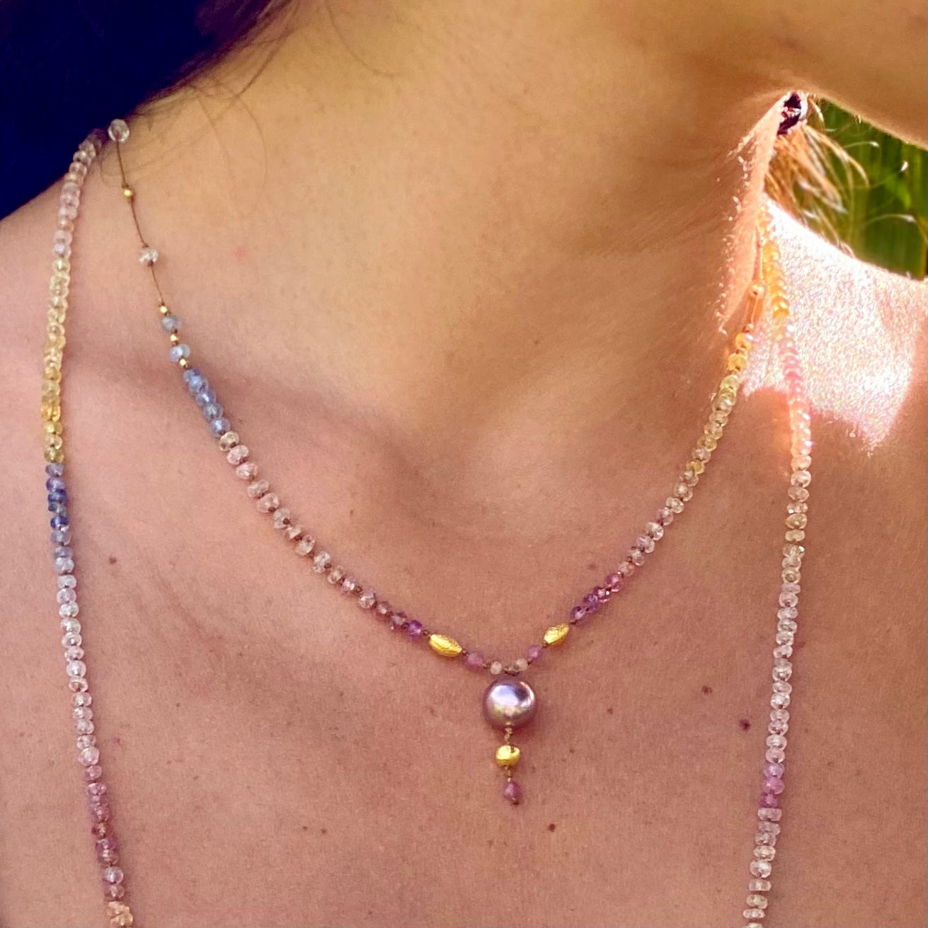 Pastel Sapphire with Edison Pearl Drop & Gold Beads