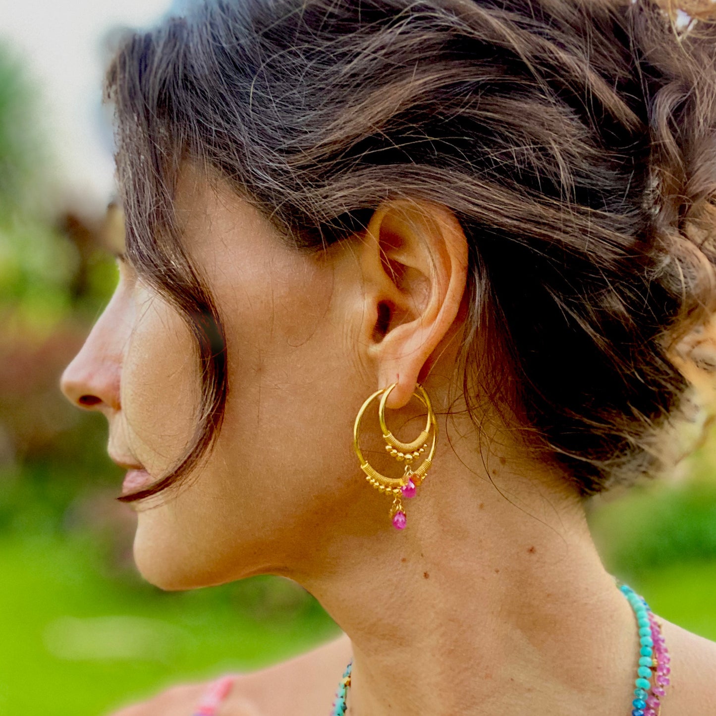 Golden Droplet Hoops with Rubies