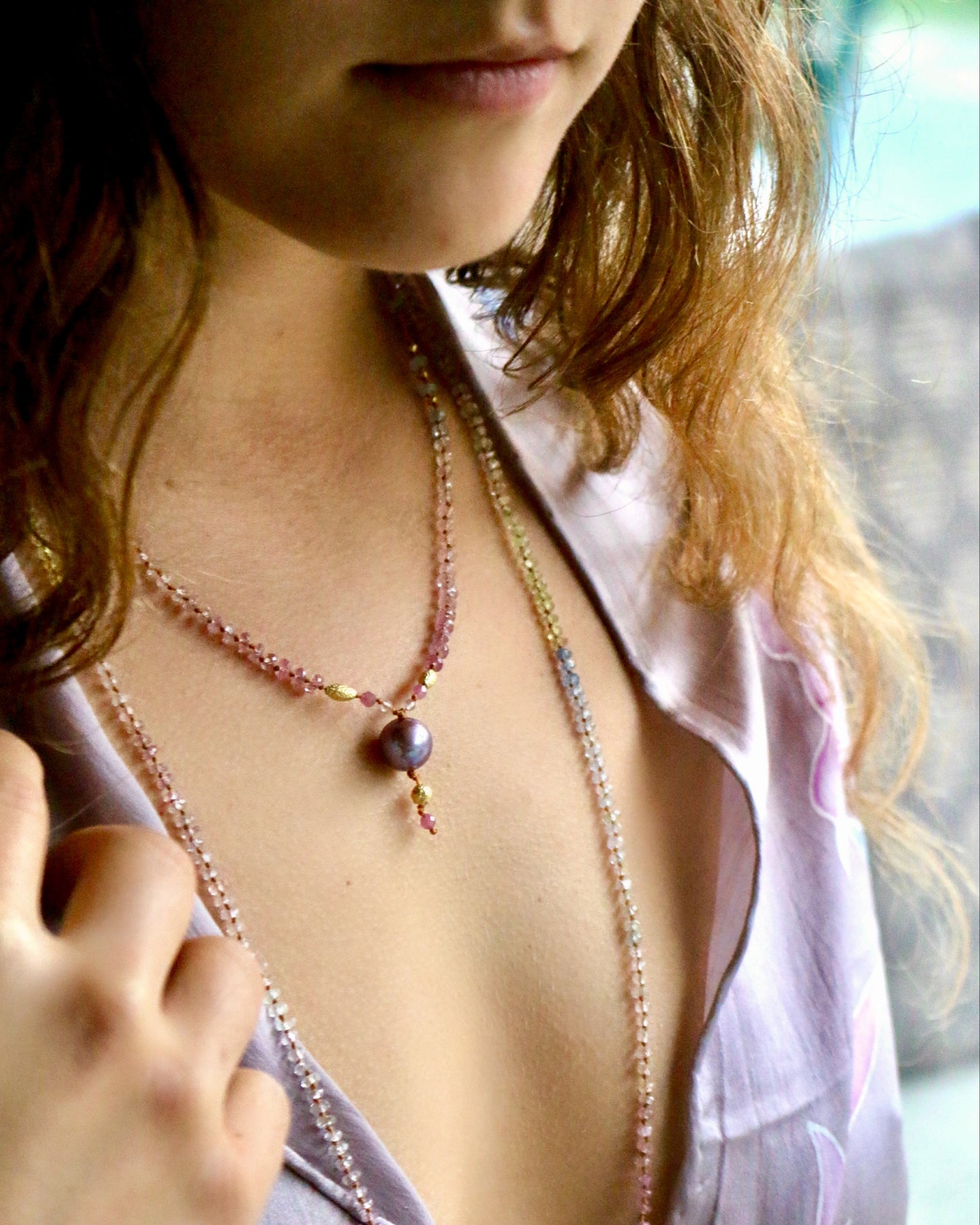 Pastel Sapphire with Edison Pearl Drop & Gold Beads