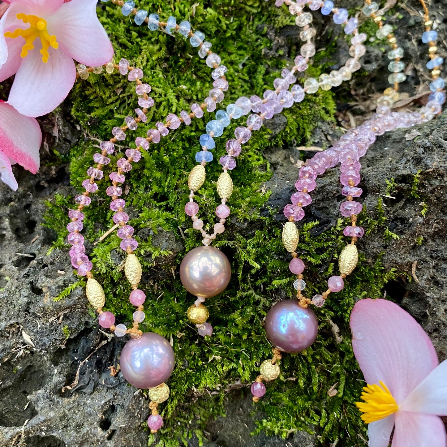 Pastel Sapphire with Edison Pearl Drop & Gold Beads