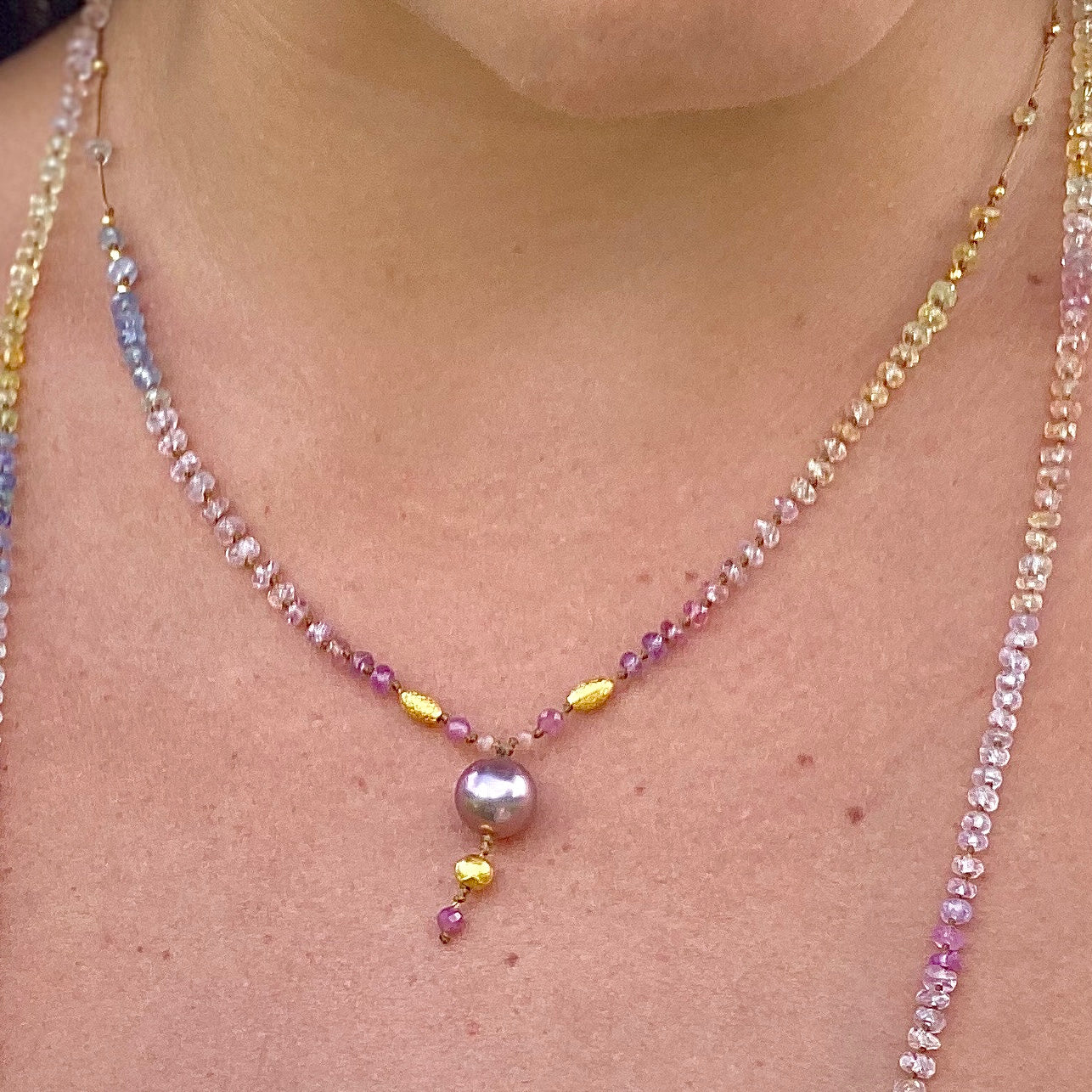 Pastel Sapphire with Edison Pearl Drop & Gold Beads