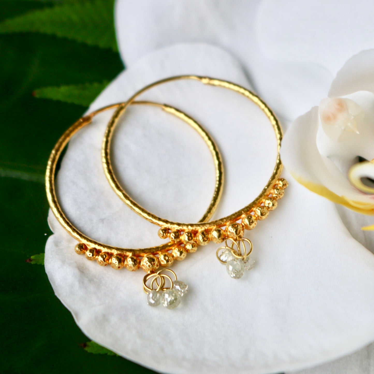 Hand-Hammered Golden Droplet Hoops with Light Diamonds