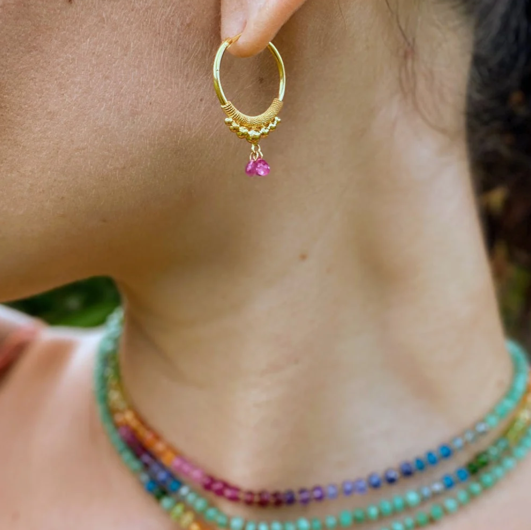 Golden Droplet Hoops with Rubies