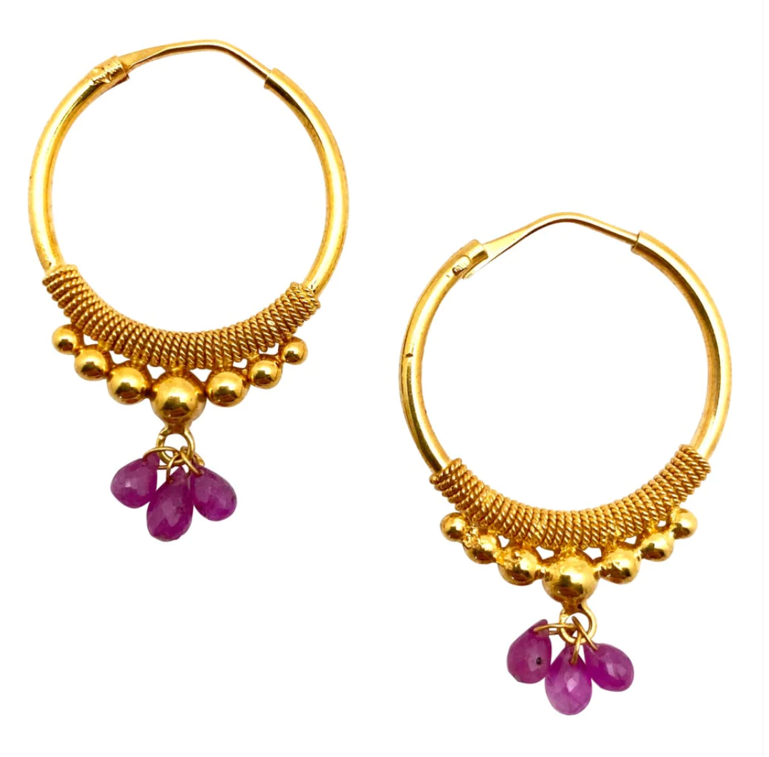 Golden Droplet Hoops with Rubies