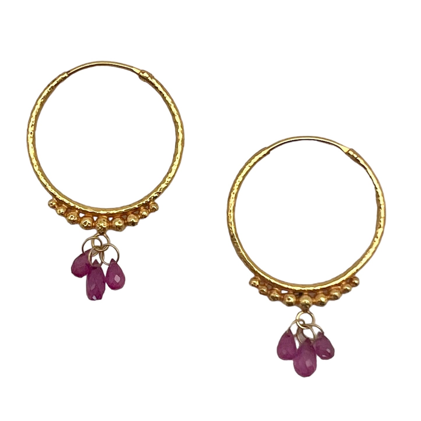 Hand-Hammered Golden Droplet Hoops with Rubies