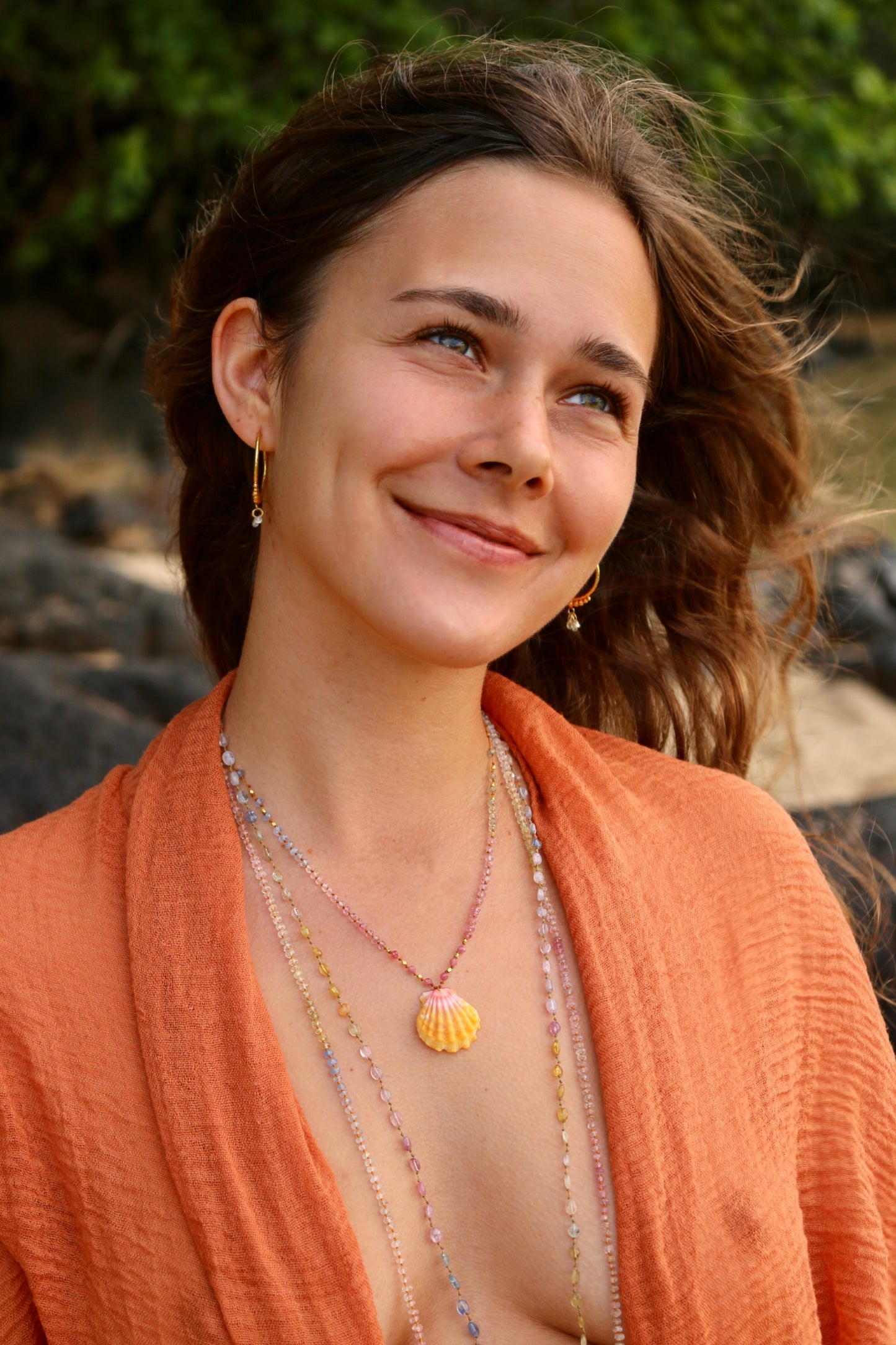 Pastel Sapphire with Sunrise Shell & Gold Beads