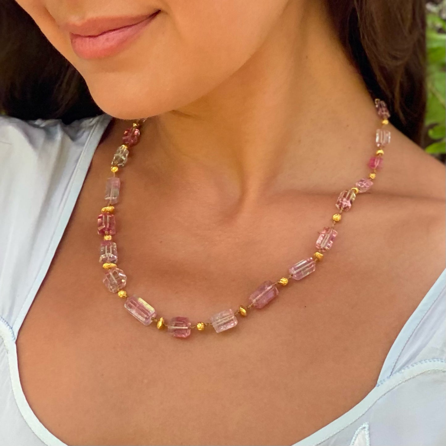 Pink Tourmaline Cylinders with Gold Beads