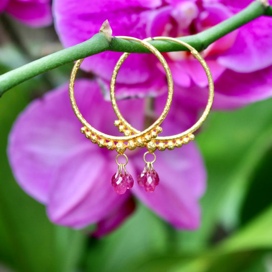 Hand-Hammered Golden Droplet Hoops with Rubies