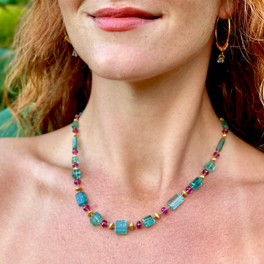 Blue Green Tourmaline Cylinders with Pink Tourmaline & Gold Beads
