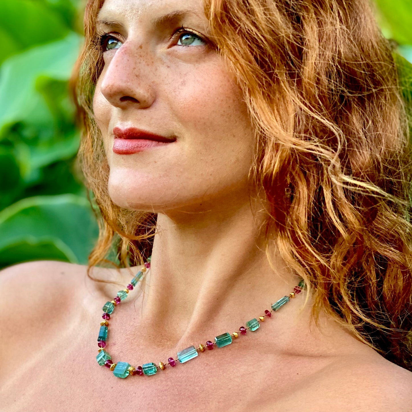 Blue Green Tourmaline Cylinders with Pink Tourmaline & Gold Beads