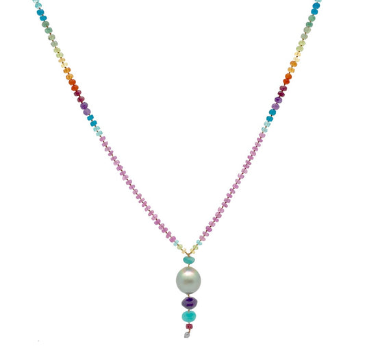 Big Tahitian Pearl & Pink Sapphire Long Rainbow Lei