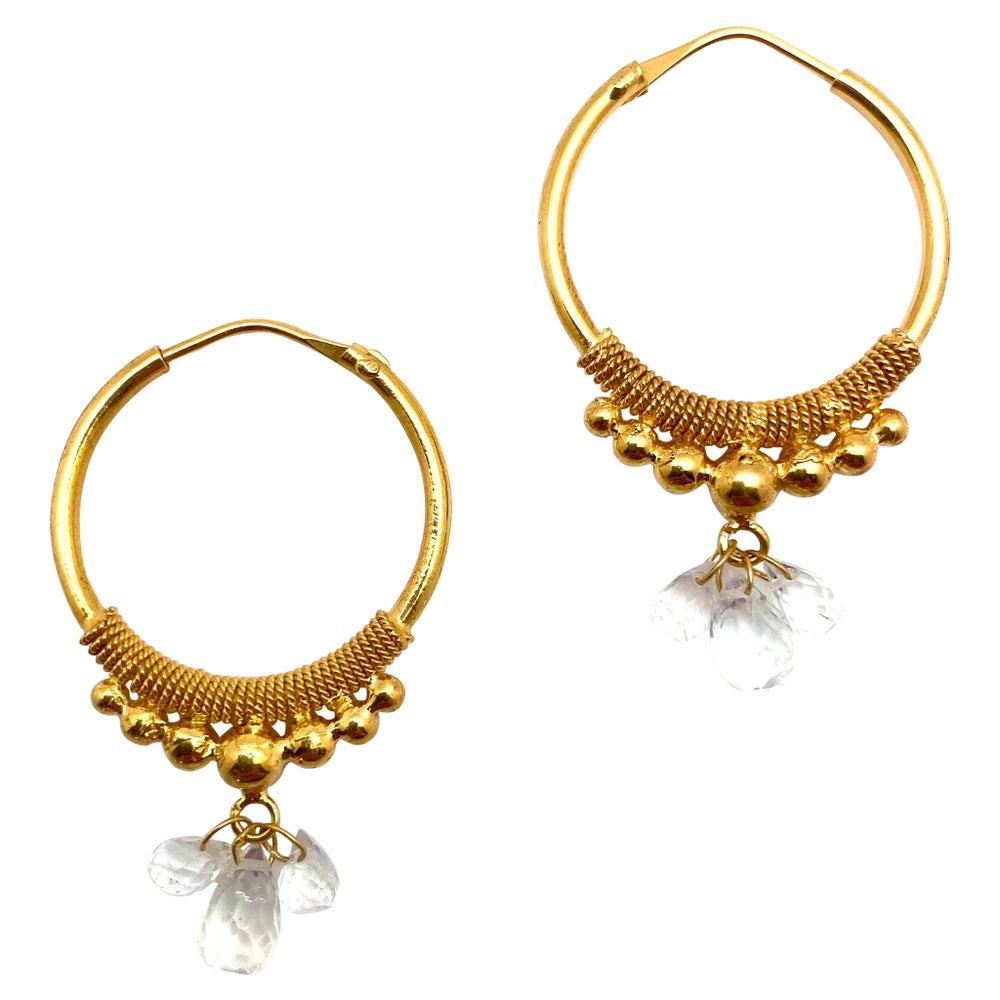 Golden Droplet Hoops with Moonstones, Medium (21MM)