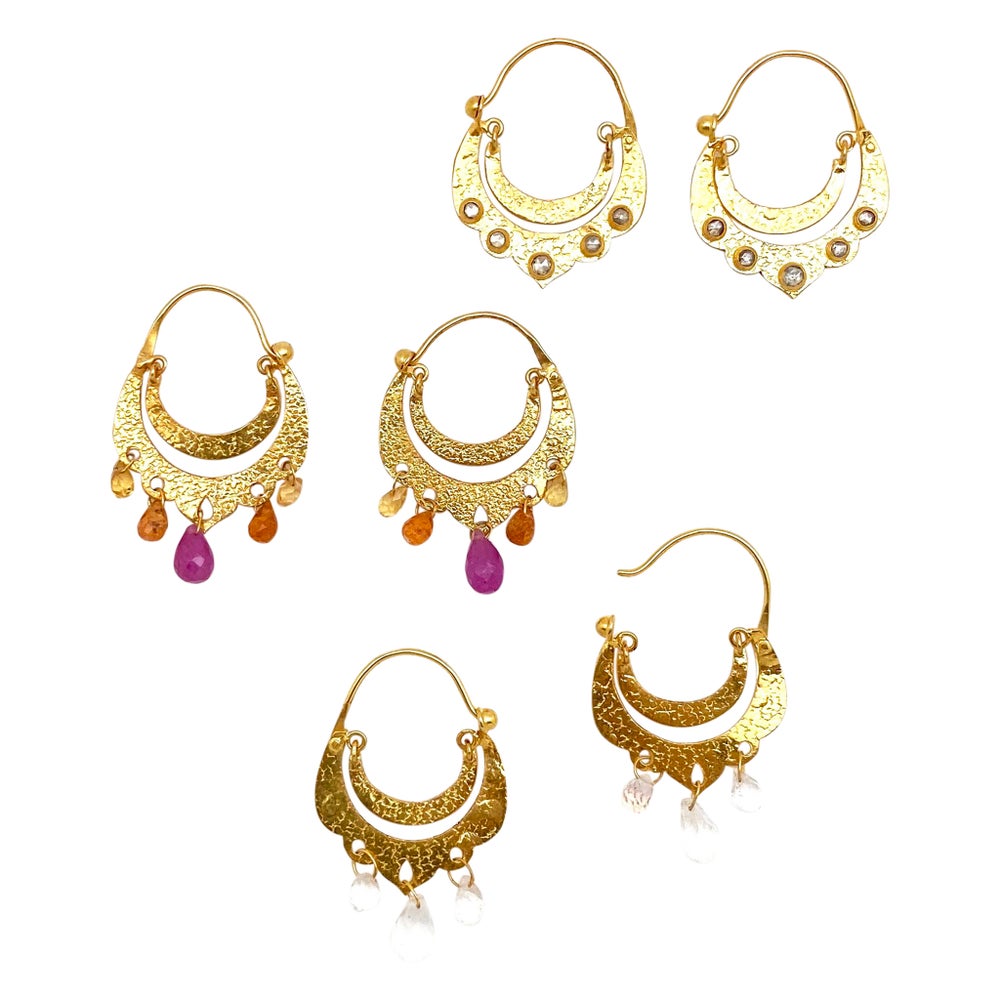 Crescent Dangle Gold Hoops with Moonstones