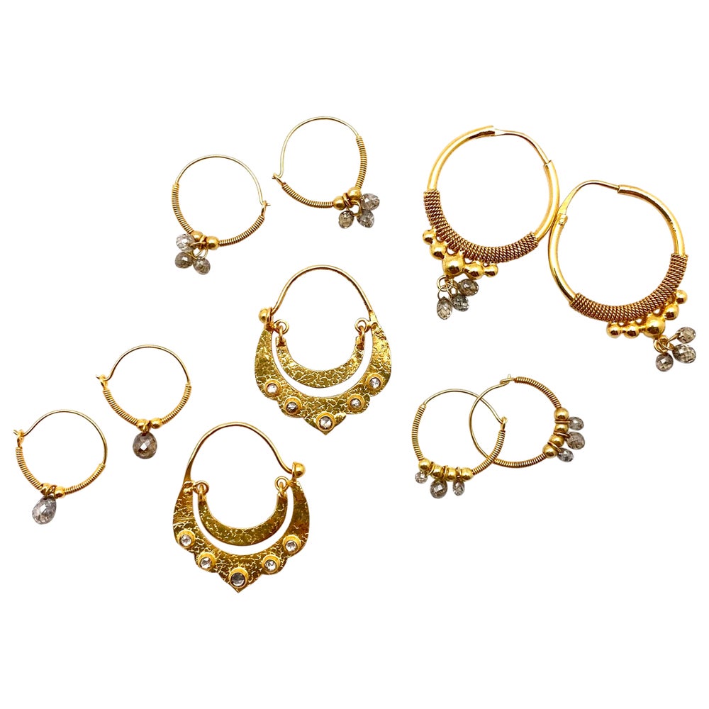 Crescent Dangle Gold Hoops with Studded Diamonds