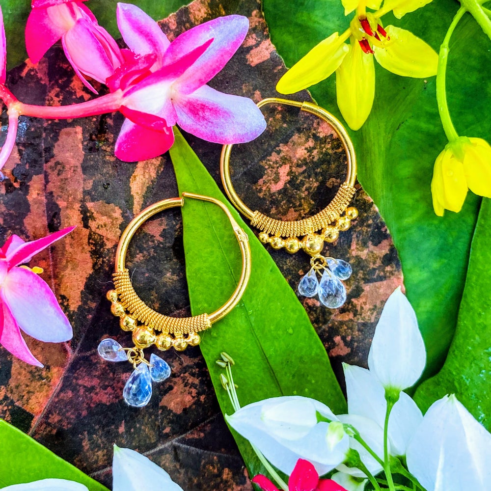 Golden Droplet Hoops with Moonstones, Medium (21MM)
