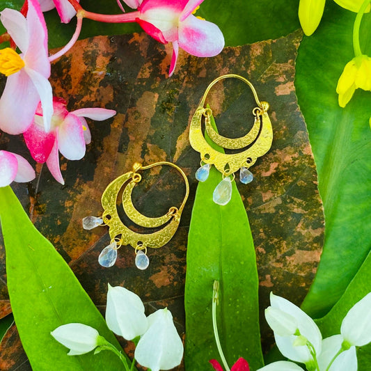 Crescent Dangle Gold Hoops with Moonstones