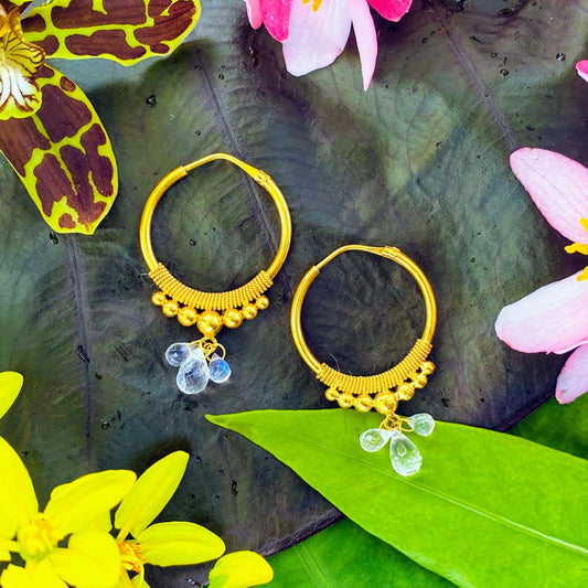 Golden Droplet Hoops with Moonstones, Medium (21MM)