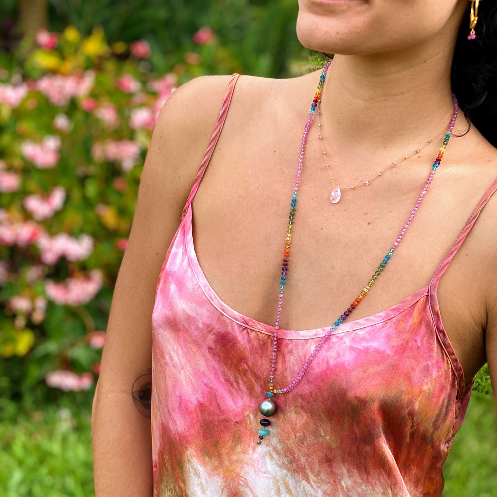 Big Tahitian Pearl & Pink Sapphire Long Rainbow Lei