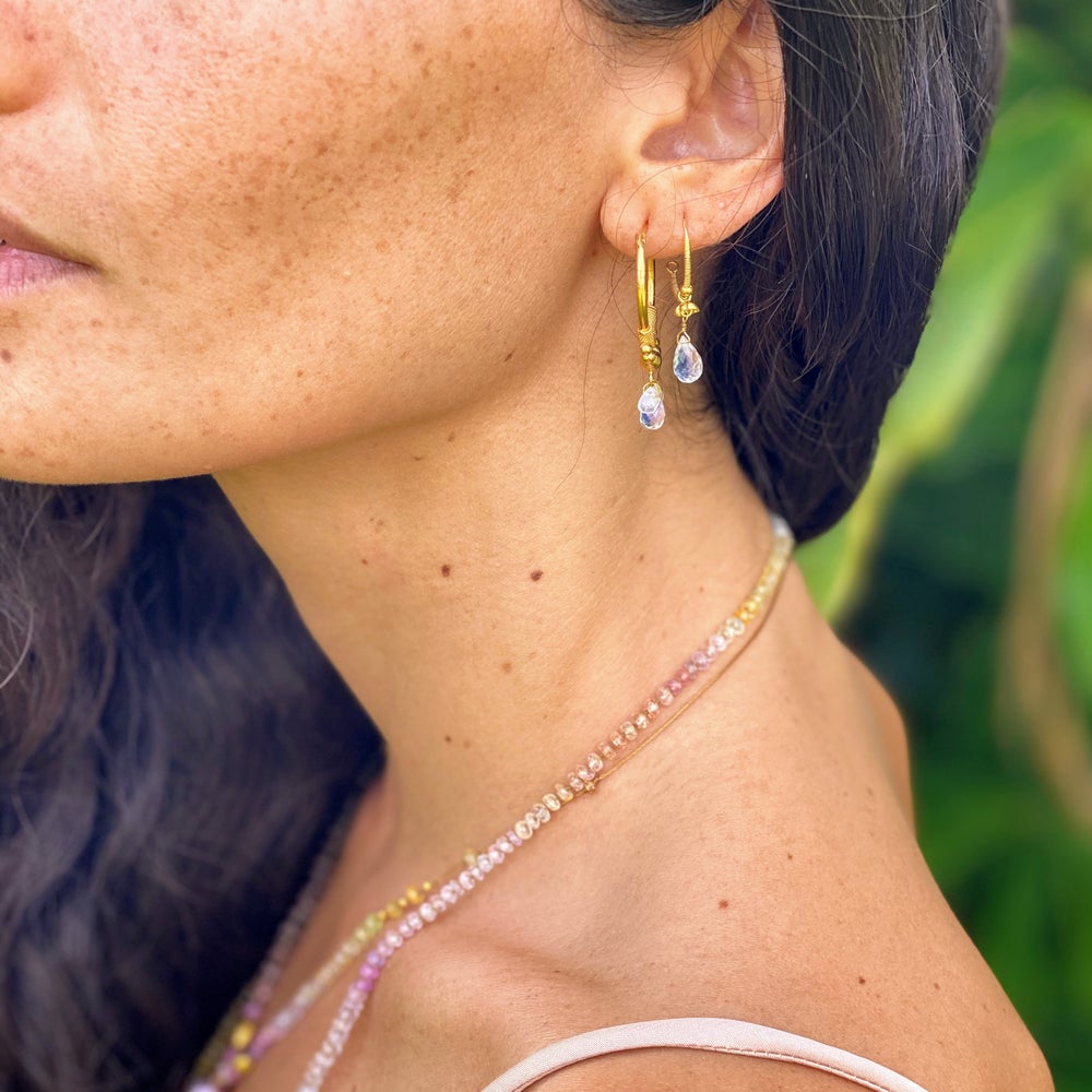 Golden Droplet Hoops with Moonstones, Medium (21MM)