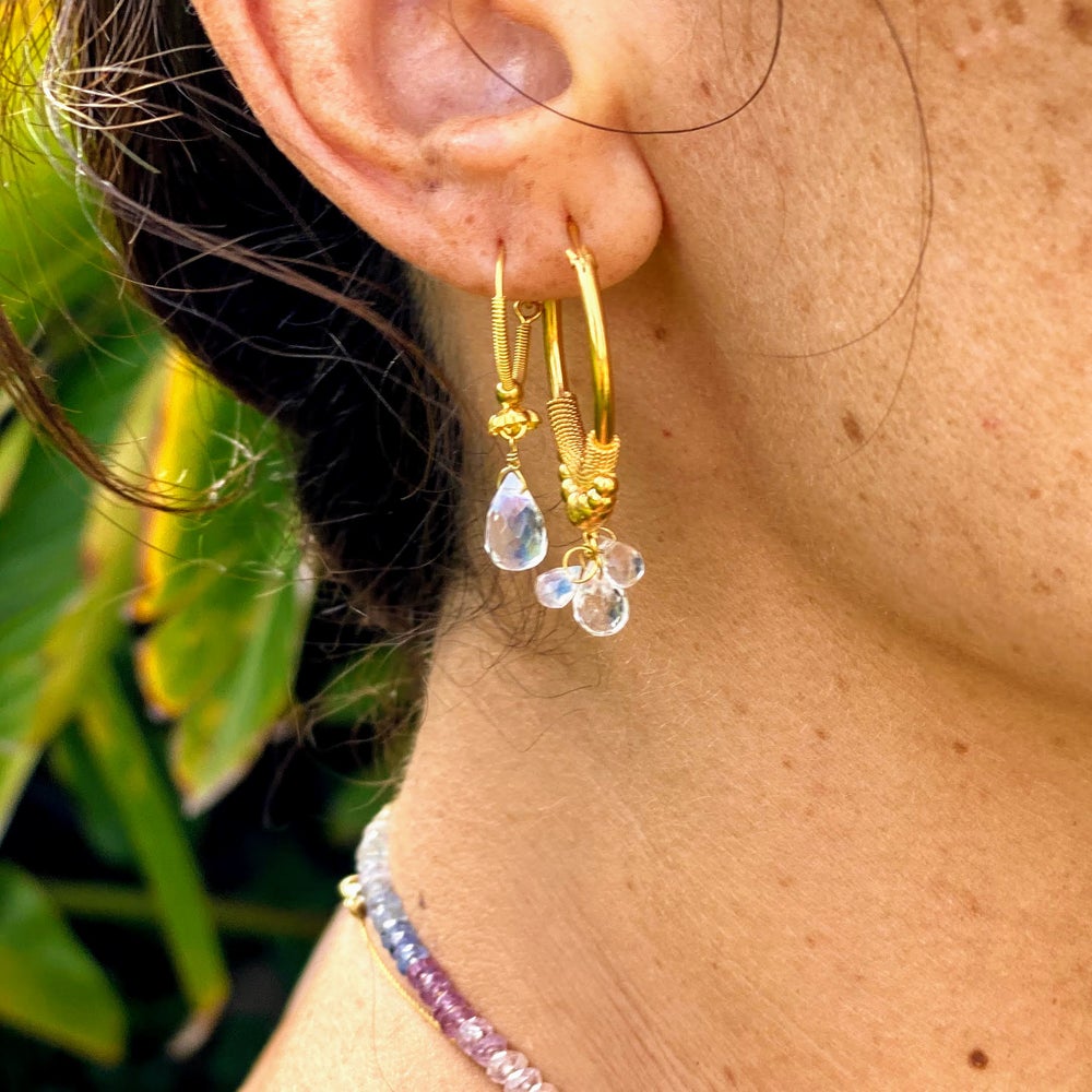 Golden Droplet Hoops with Moonstones, Medium (21MM)