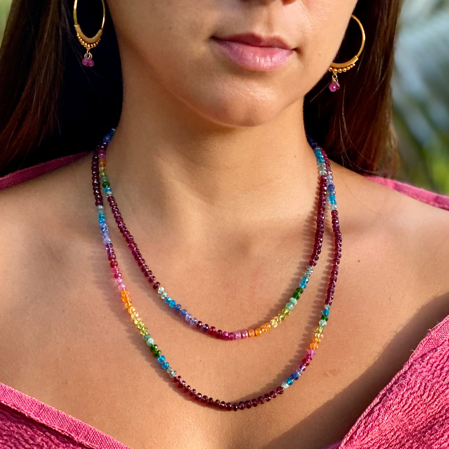 Golden Droplet Hoops with Rubies