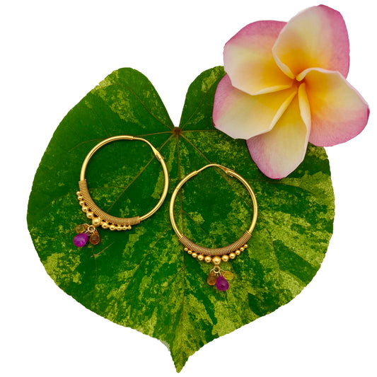 Golden Droplet Hoops with Sunset Sapphires, Large (30MM)