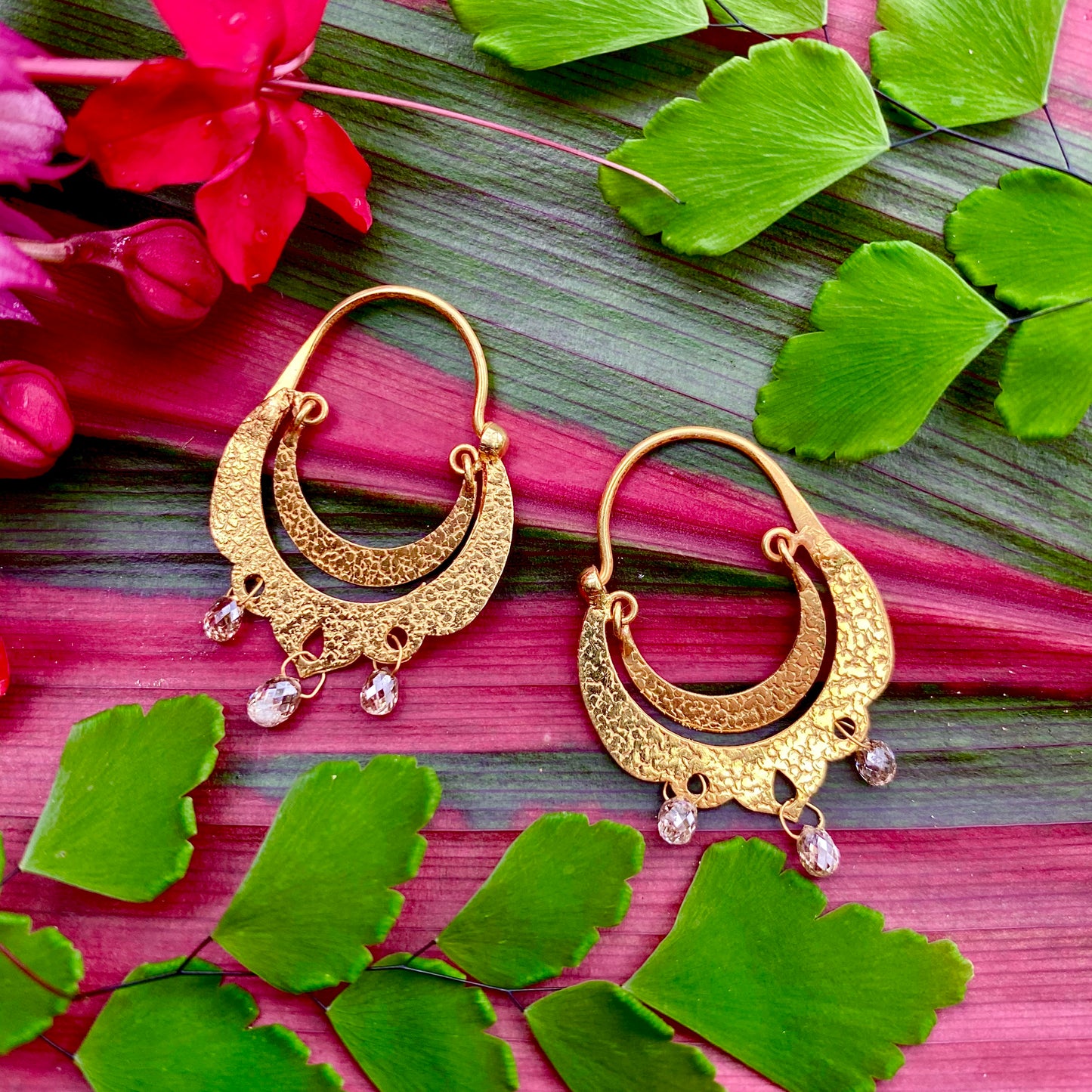 Crescent Dangle Gold Hoops with Dangling Diamonds