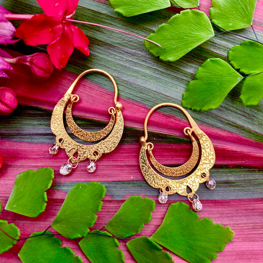 Crescent Dangle Gold Hoops with Dangling Diamonds