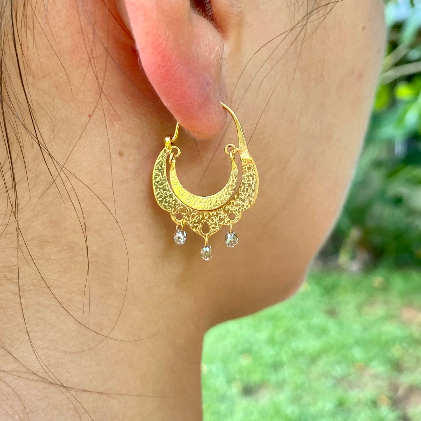 Crescent Dangle Gold Hoops with Dangling Diamonds