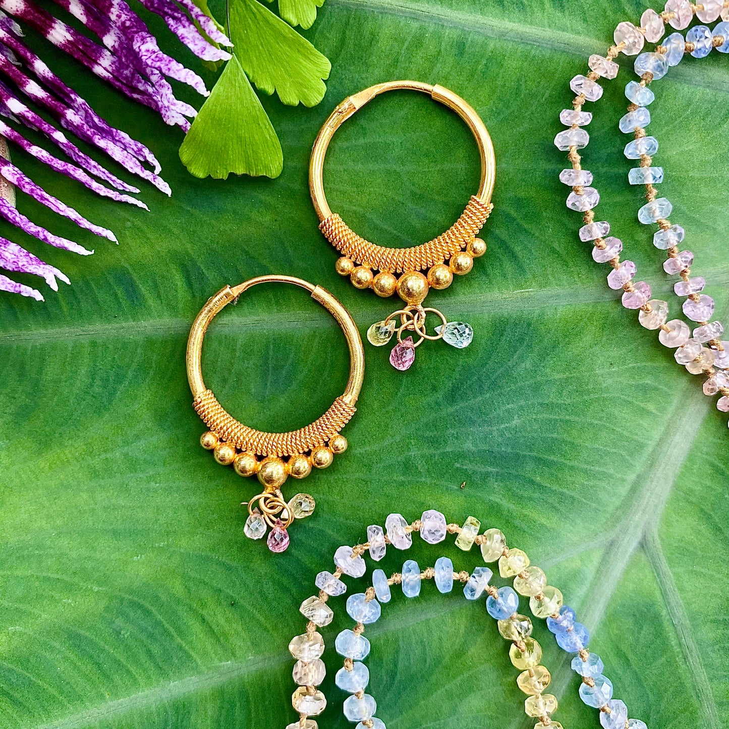 Golden Droplet Hoops with Pastel Sapphires, Medium (21MM)