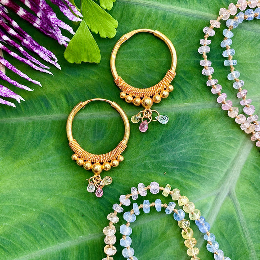 Golden Droplet Hoops with Pastel Sapphires, Medium (21MM)