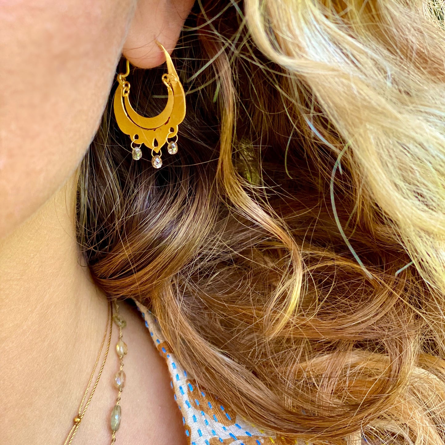 Crescent Dangle Gold Hoops with Dangling Diamonds