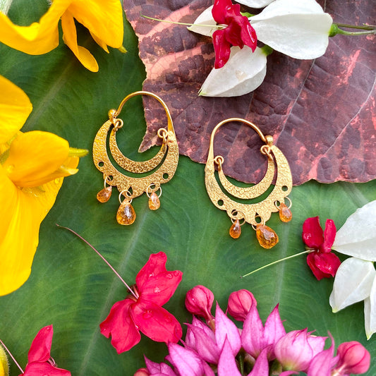 Crescent Dangle Gold Hoops with Golden Sapphires