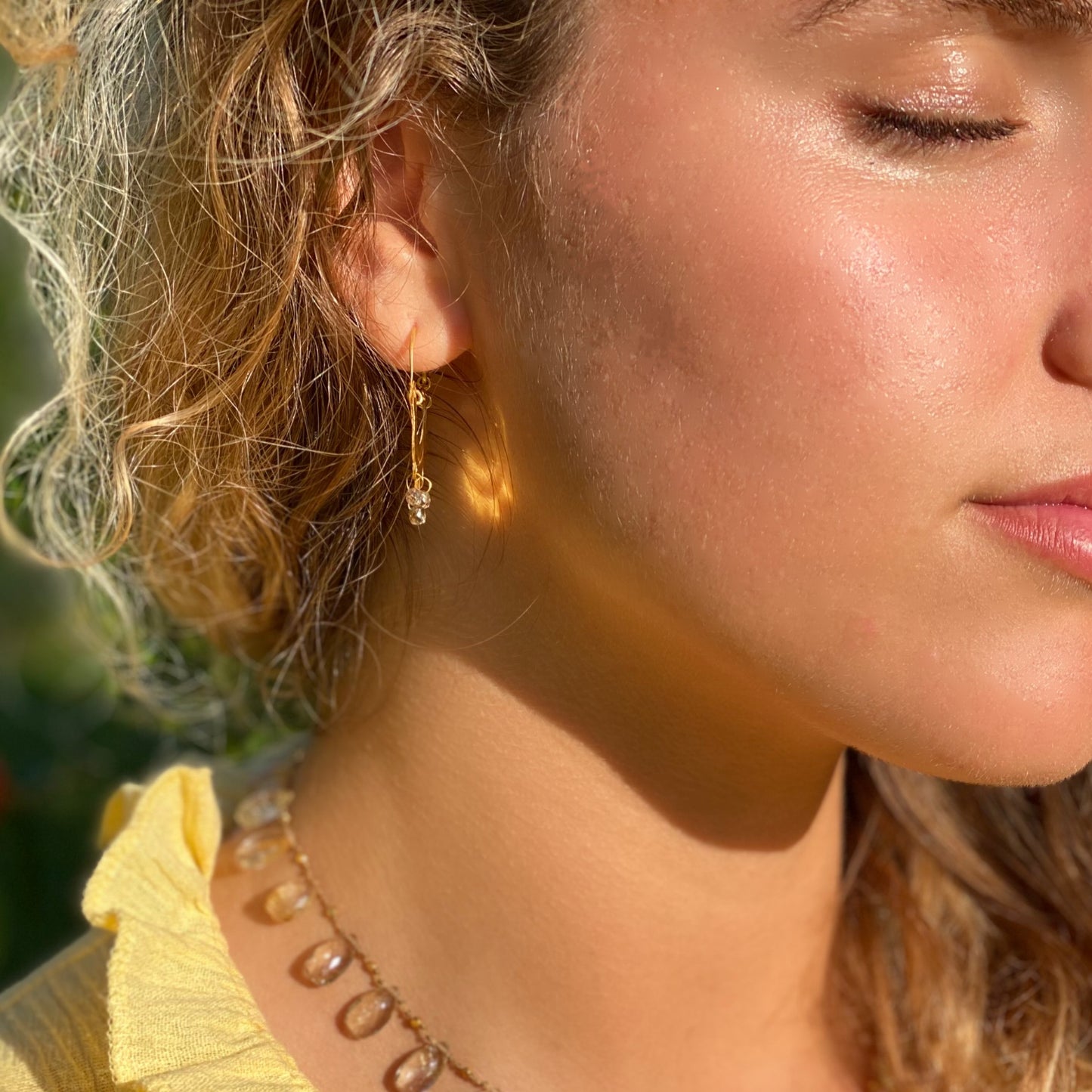 Crescent Dangle Gold Hoops with Dangling Diamonds