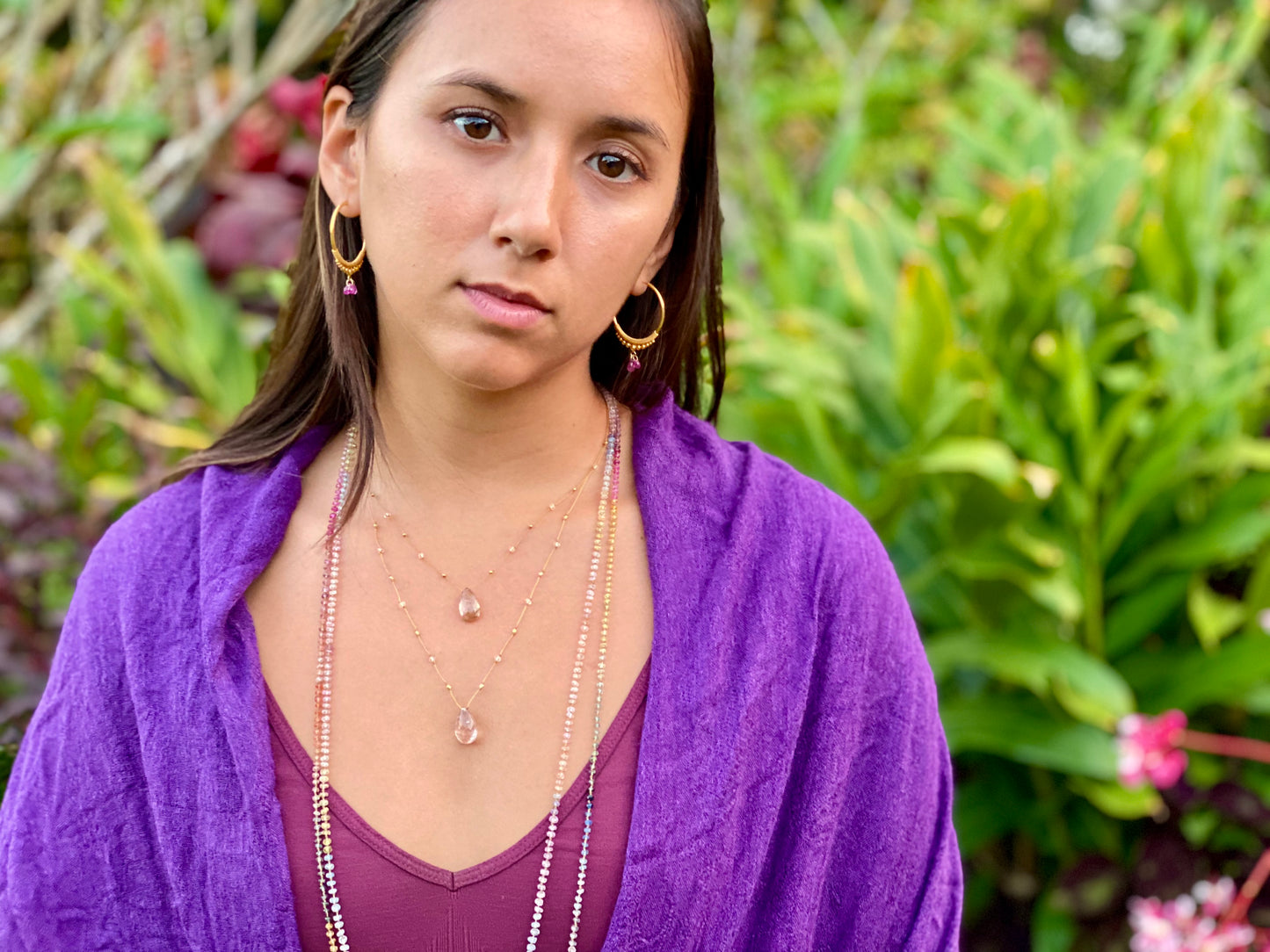 Golden Droplet Hoops with Sunset Sapphires, Large (30MM)